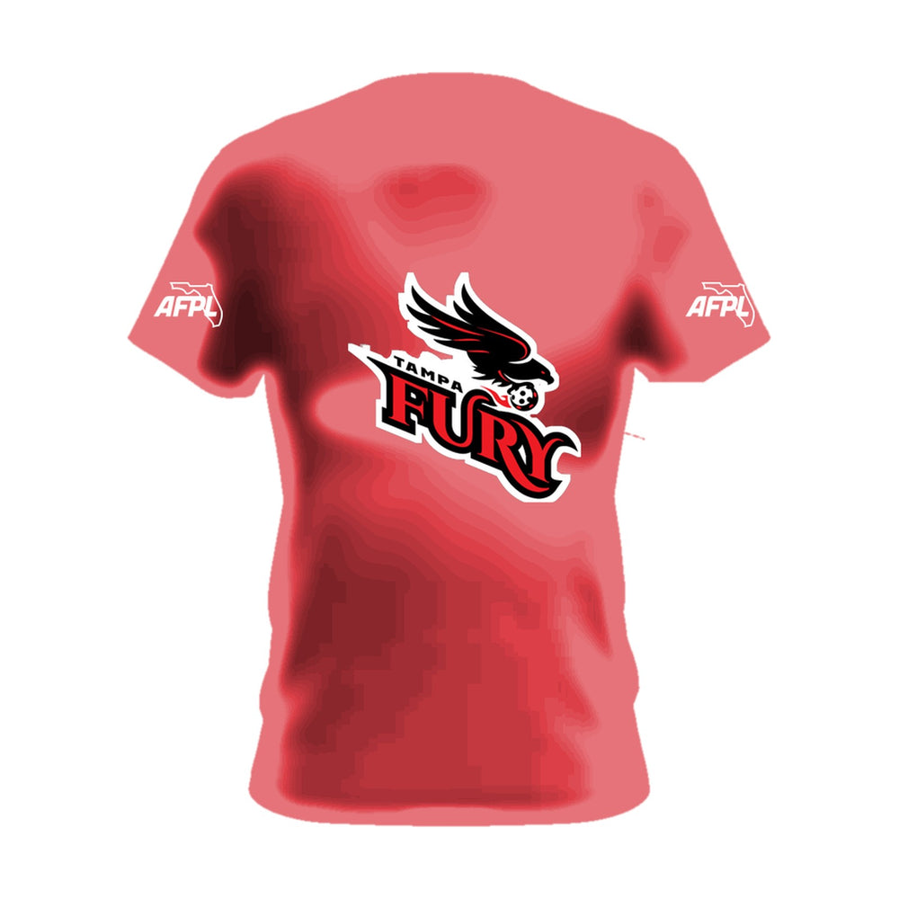 Tampa Fury red cotton tee, front view, team logo across the chest and AFPL logo on the sleeves