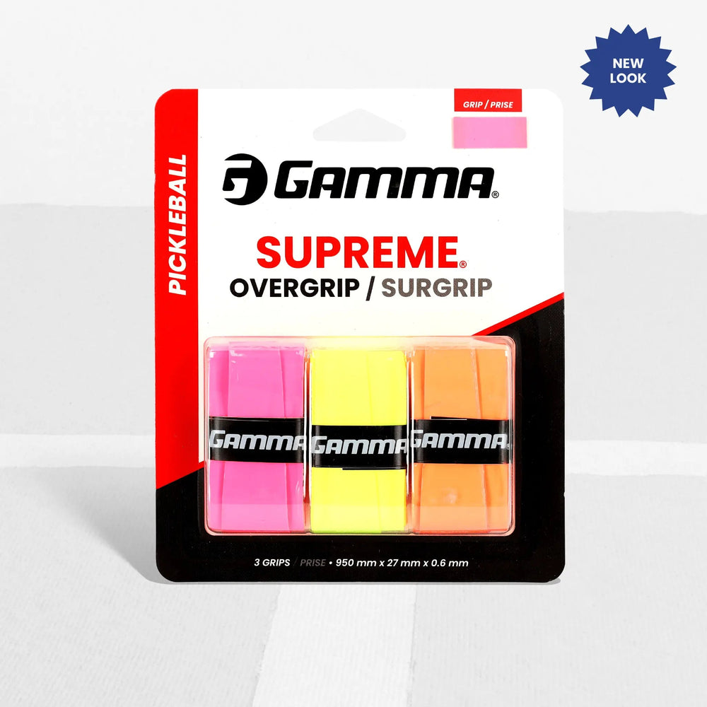 GAMMA Supreme Pickleball Overgrip 3-pack in pink, neon yellow and orange