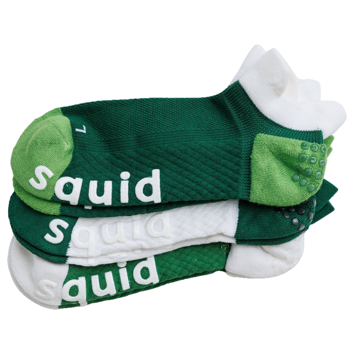 Three pairs of Squid Socks Pickle Pack ankle grip socks in green and white, stacked
